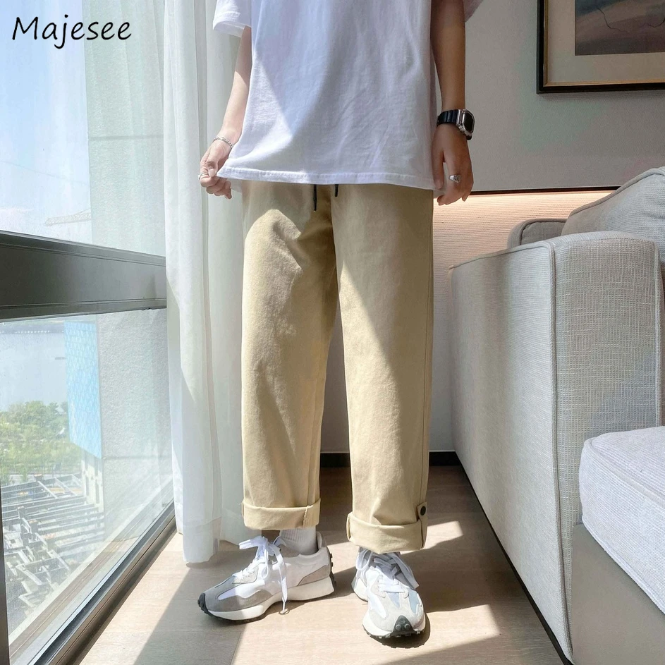 

Loose Casual Pants Men Drawstring All-match Vintage Straight Ankle-length Button Korean Safari Style Trousers Students Stylish