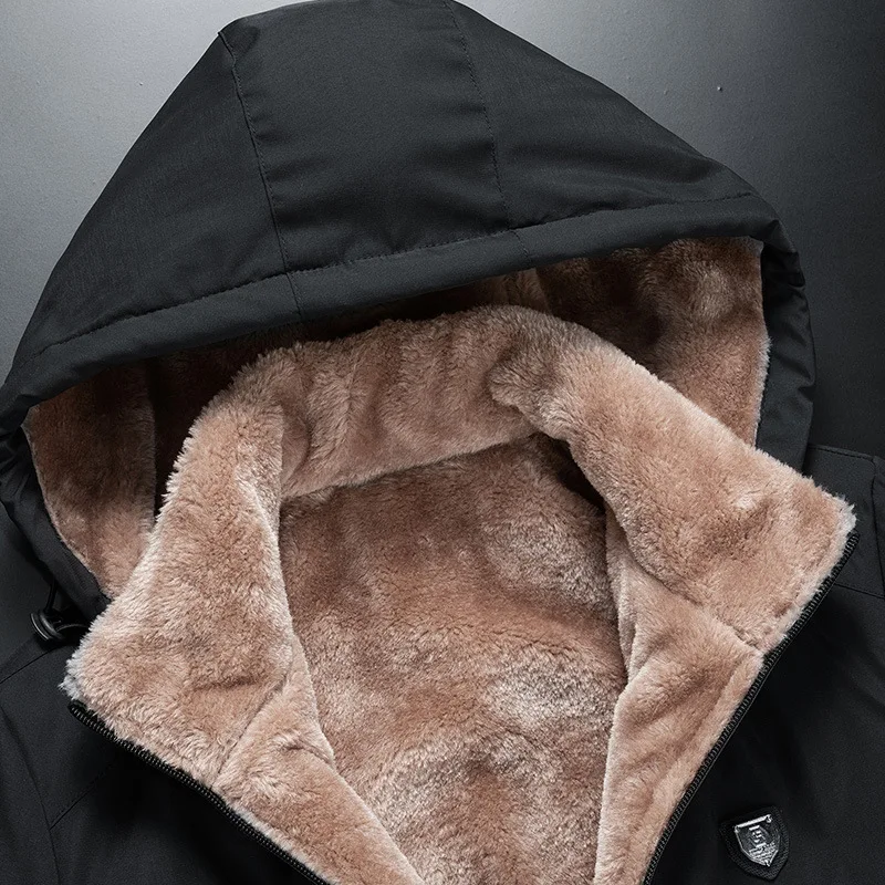 Winter Men's Plus Velvet Padded Stand Collar Jacket Warm Lamb Velvet Cotton Parkas Jacket Hooded Casual Thicken Business Coats