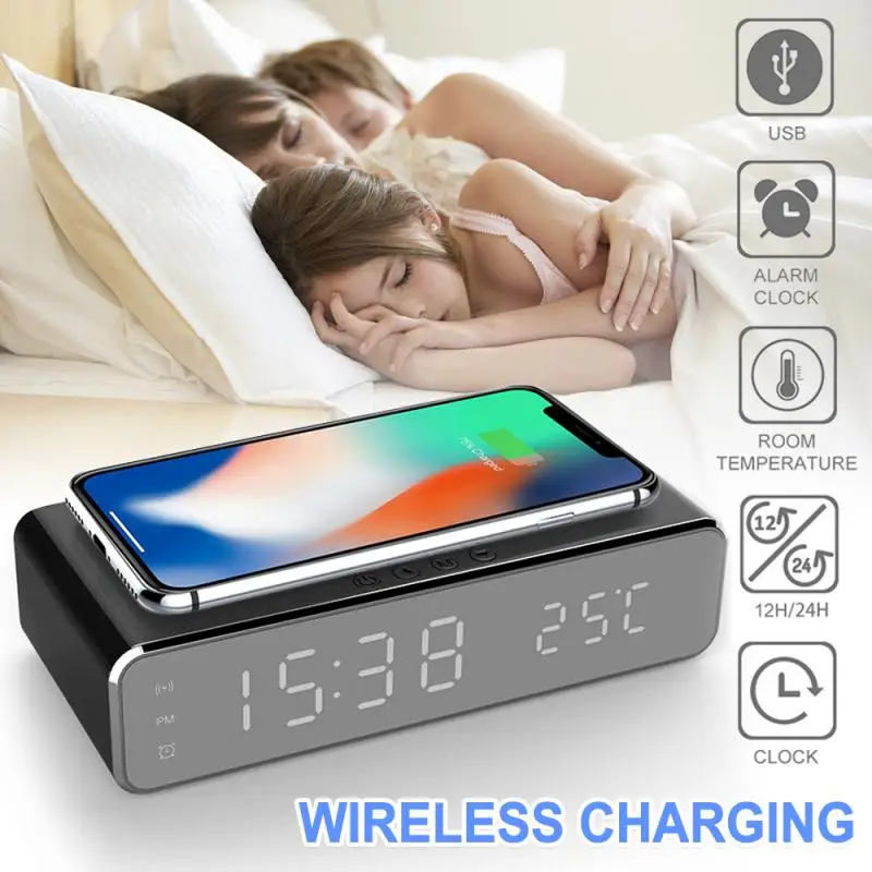 new electric led alarm clock with mobile phone wireless charger hd clock mirror with time memory digital thermometer clock free global shipping