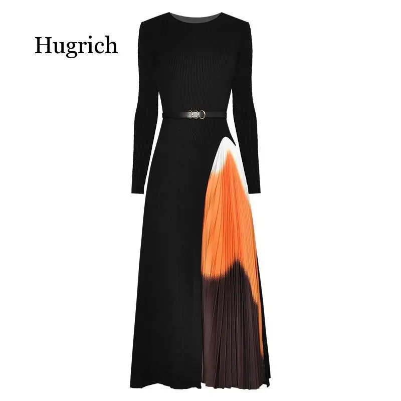 

Fashion Designer Dress Spring Autumn Women's Dress Sashes Knitting Long Sleeve Patchwork Pleated Dresses