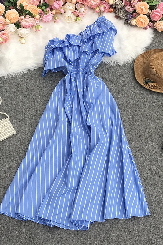 

2021 New Summer Temperament All-match slash neck off shoulder Dress waist slim Ruffles stripe Dress