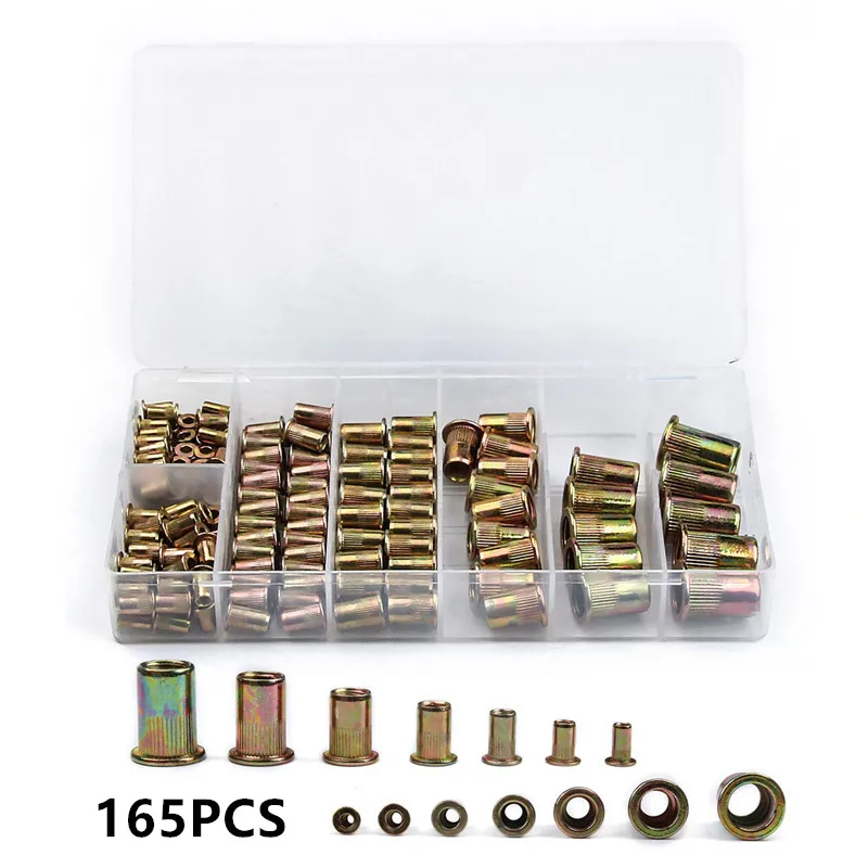 

165Pcs Blind Rivet Nut M3 M4 M5 M6 M8 M10 M12 Rivnut Carbon Steel Flat Head Threaded Insert Nut Assorted Kit