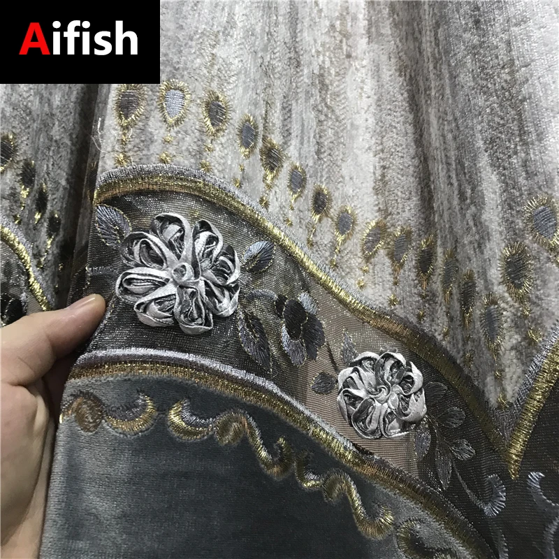 

European Style Living Room Decoration Home Luxury Grey Velvet 3D Embossed Embroidery Curtains Blackout Bedroom Rideaux Salon 093