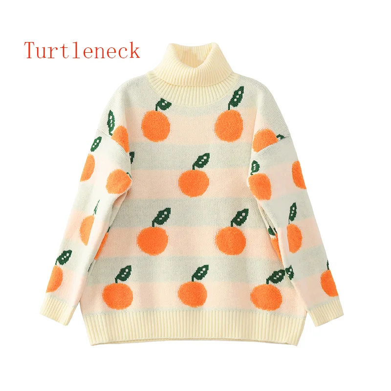 

Yitimuceng Turtleneck Sweater Women Plus Size Winter Clothes Fall Oversized Japanese Fashion Korean Tops Pullovers Print Fruit