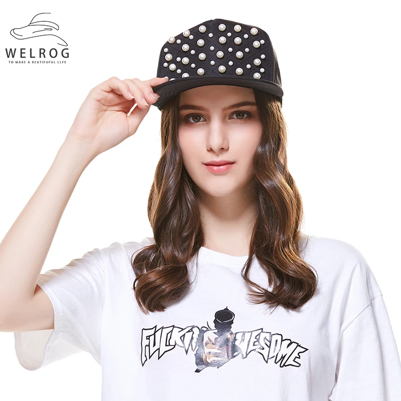 Индивидуальная плоская шапка WELROG в стиле хип-хоп с жемчугом Черная Женская