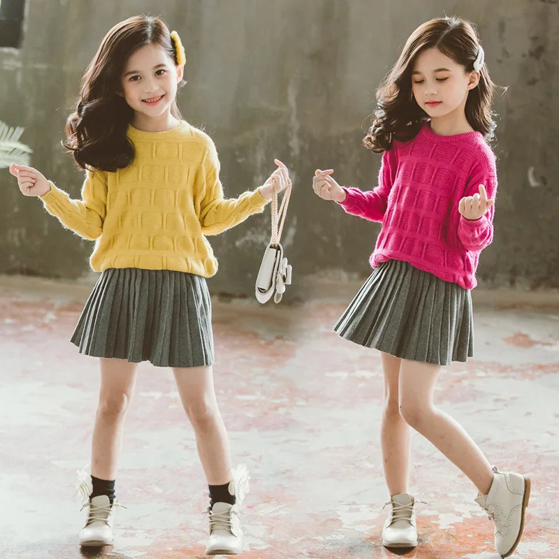 Детская одежда для девочек школы однотонный комплект из двух предметов с юбкой