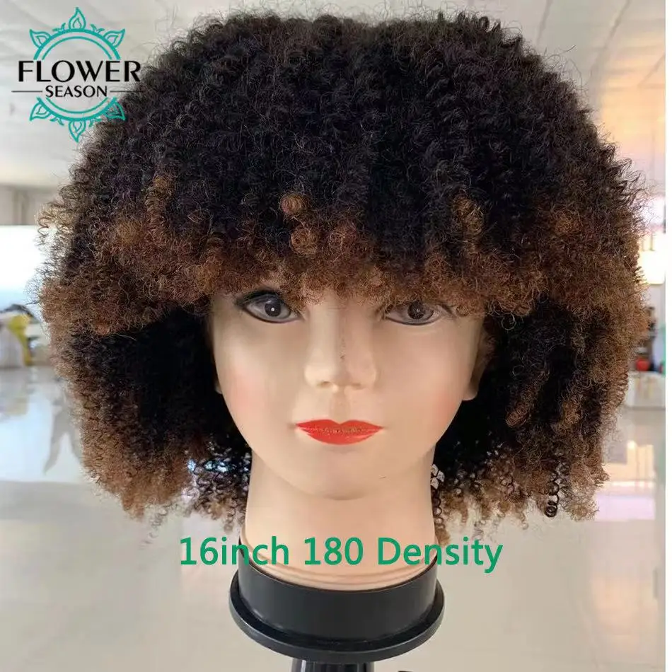 

Ombre Colored 1B/30 Afro Kinky Curly Human Hair Wigs With Bangs Glueless Full Machine Frontal Wig Brazilian Remy 200% For Women