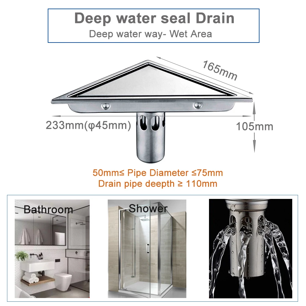 triangle floor drains invisible bathroom deodorant conner drain tile insert 304ss cover for shower anti backflow anti clogging free global shipping