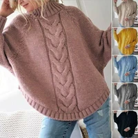 women poncho batwing sweater thick high neck cable ribbed knit jumper tops