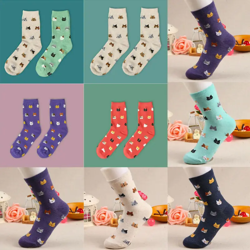 Носки женские теплые хлопковые с принтом кошки 1 пара 5 цветов | Женская одежда