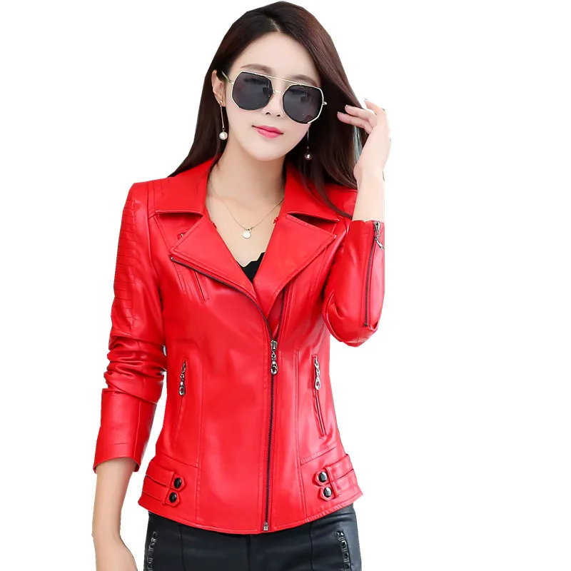 Женская Короткая кожаная куртка Корейская красная из искусственной кожи KJ592