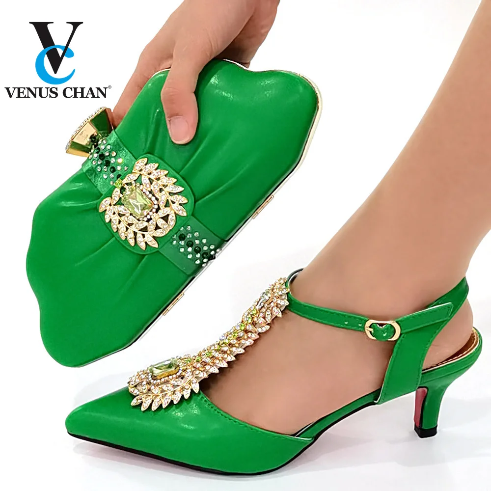 

The Green Color Latest African Summer Sandals Shoes And Bag To Match Set For Party Fashion Rhinestone Pumps Shoes And Bag Set