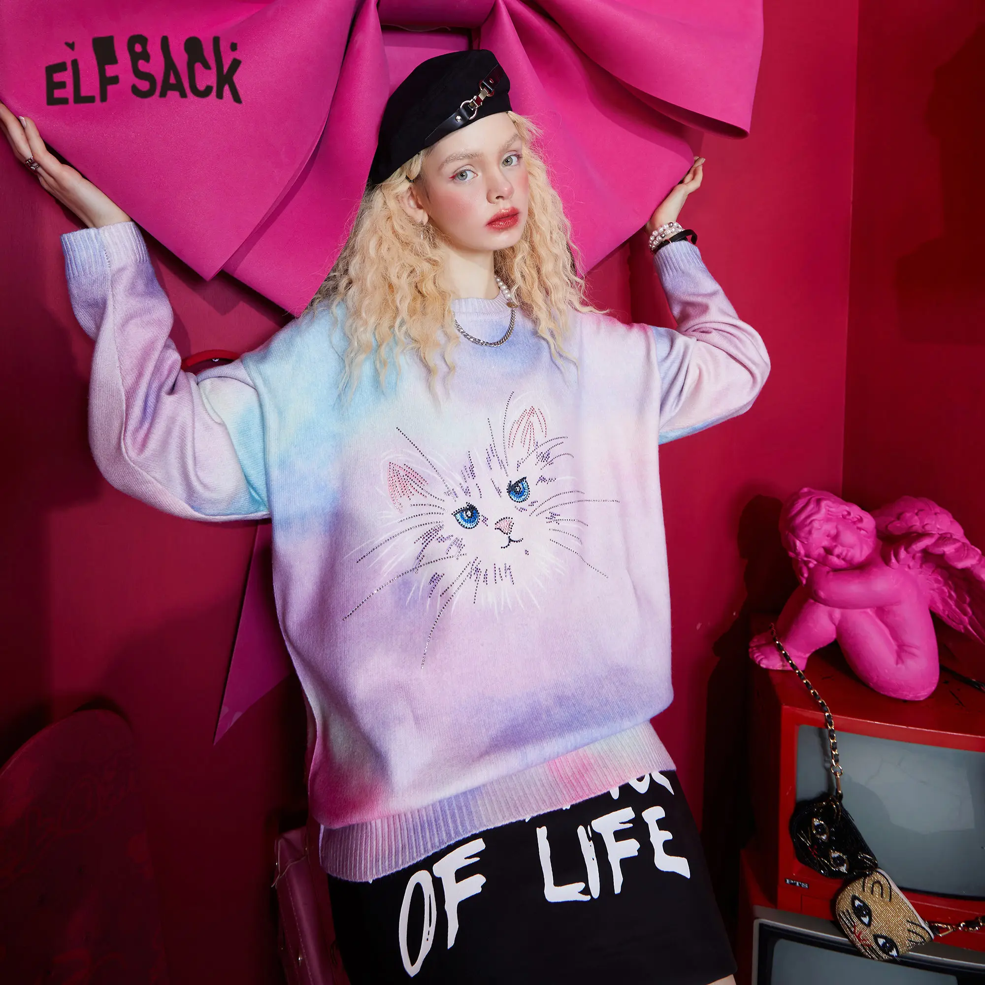 

ELFSACK Cat Gradient Tie Dye Women Casual Knit Pullover Sweaters,2021 Spring Vintage Diamond Beaded,Casual Girly Daily Sweet Top