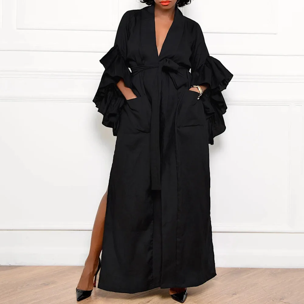 

Женское Повседневное платье в западном стиле, однотонное свободное платье с V-образным вырезом и расклешенными рукавами, осень 2021