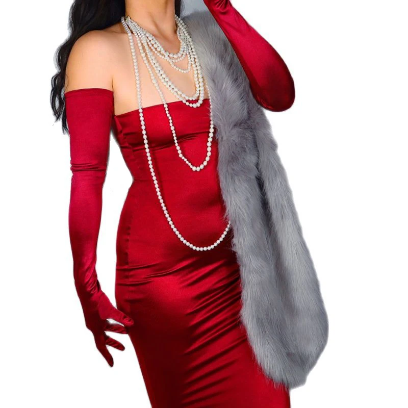 Guantes de satén de seda para mujer, guantes elásticos de perlas mercerizadas de satén rojo vino, Extra largos, antisol, para fiesta de noche, 70cm, WSG13