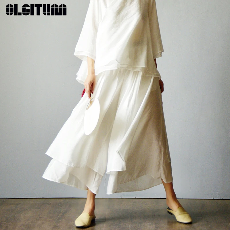 Женские широкие брюки из хлопка и льна в стиле ретро Летние с юбкой Свободные