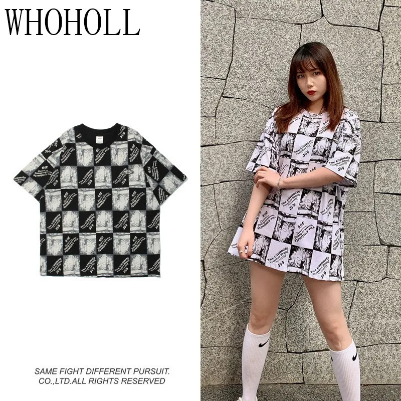 

WHOHOLL Summer Couples T-shirts Brand Altman Lattice Print T-shirt Long Loose Summer Couple BF Style Short Sleeve Top Men