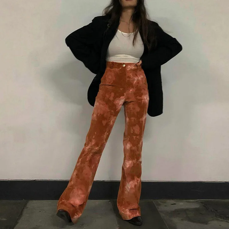 

Women's Bell Bottomed Trousers Tie Dyed Straight Tube Thin High Waist Fashion Trend Loose Button Brown Trousers Street Fashion