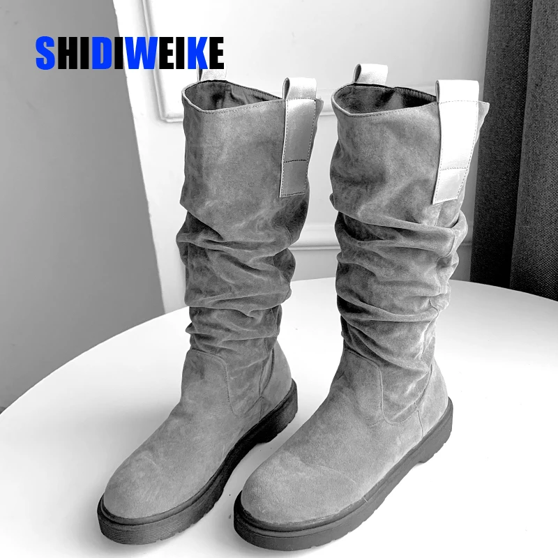 Женские сапоги до середины икры Повседневные высокие на плоской подошве в