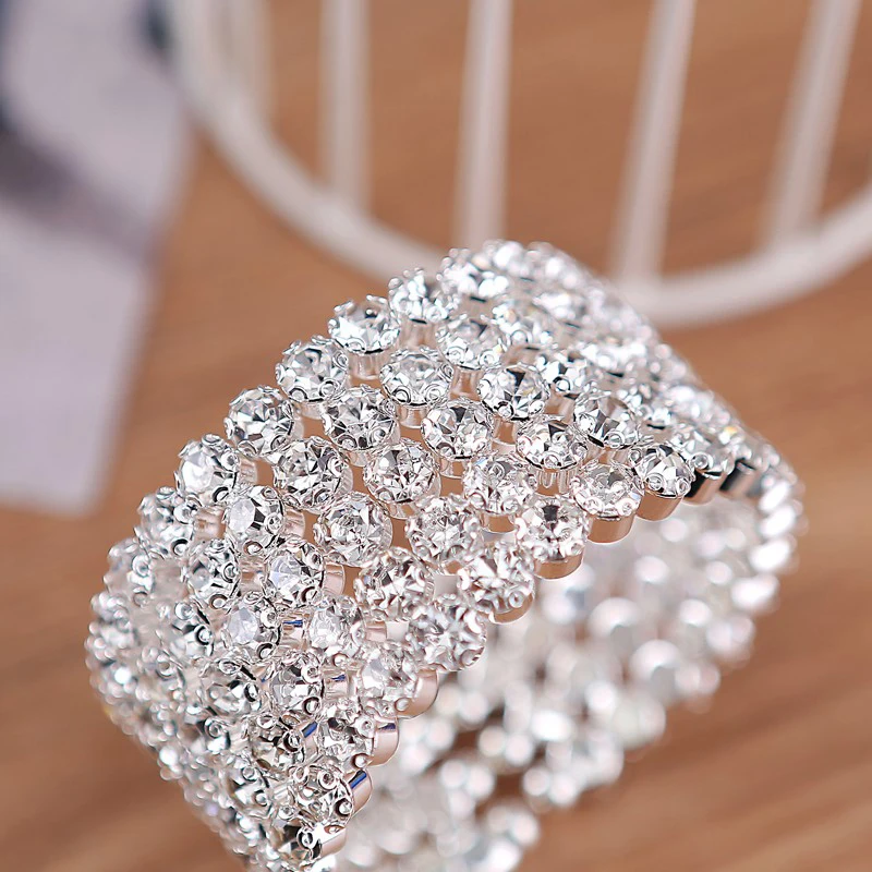 

5-Row Bridal Wedding Big Crystal Cuff Bangle Bracelet Silver Plated and Gold Color Metal Wide Side Open Bangles for Women