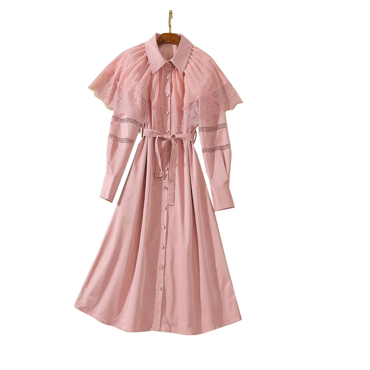 

Pink Lace Patchwork Women Runway Dresses 2020 Autumn Elegant Long Sleeves Draped A-line Midi Party Dress New