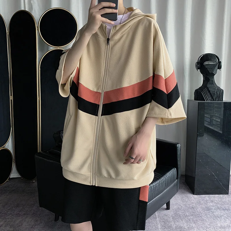 

2021 New Spring Men's Casual Tracksuit Sets Hooded Coat and Shorts Patchwork Short Sleeve Sweatshirts Jogging Running Clothing