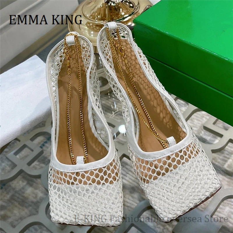 

Summer Women Mesh Sandals Pumps Sexy Gold Chain Square Toe High Heels Runway Shoes Ladies Hollow Out Party Sandalias De Mujer