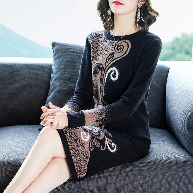 

High Elasticity Slim Sweaters Dress Elegant Printed Women Winter Warm Vintage Floral Lady Knitted Party One Piece Dresses Classy
