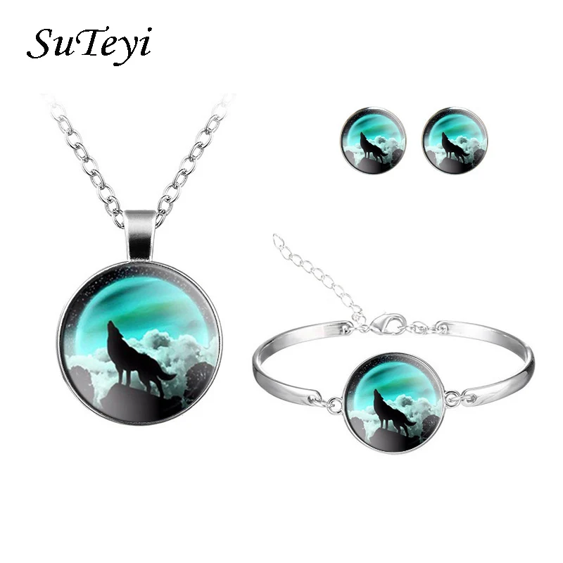 SUTEYI Trendy Moon Howling Wolf Jewelry Sets Handmade Glass Dome Animal Necklace Bracelet Earrings For Women Gift | Украшения и
