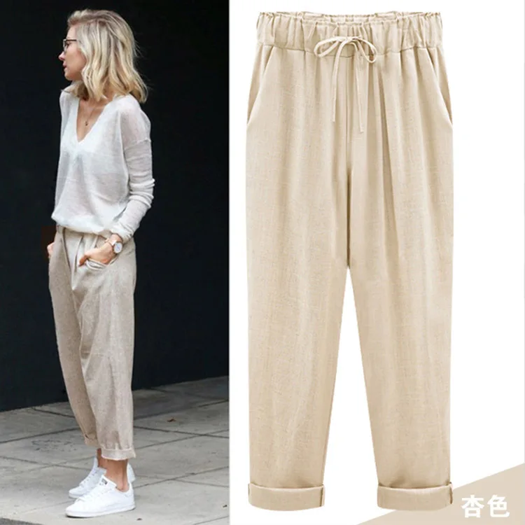 

New Cotton Linen Cropped Trousers Loose Solid Large Size Multicolor Casual Pants Women Elastic High Waist Ankle Length Spring