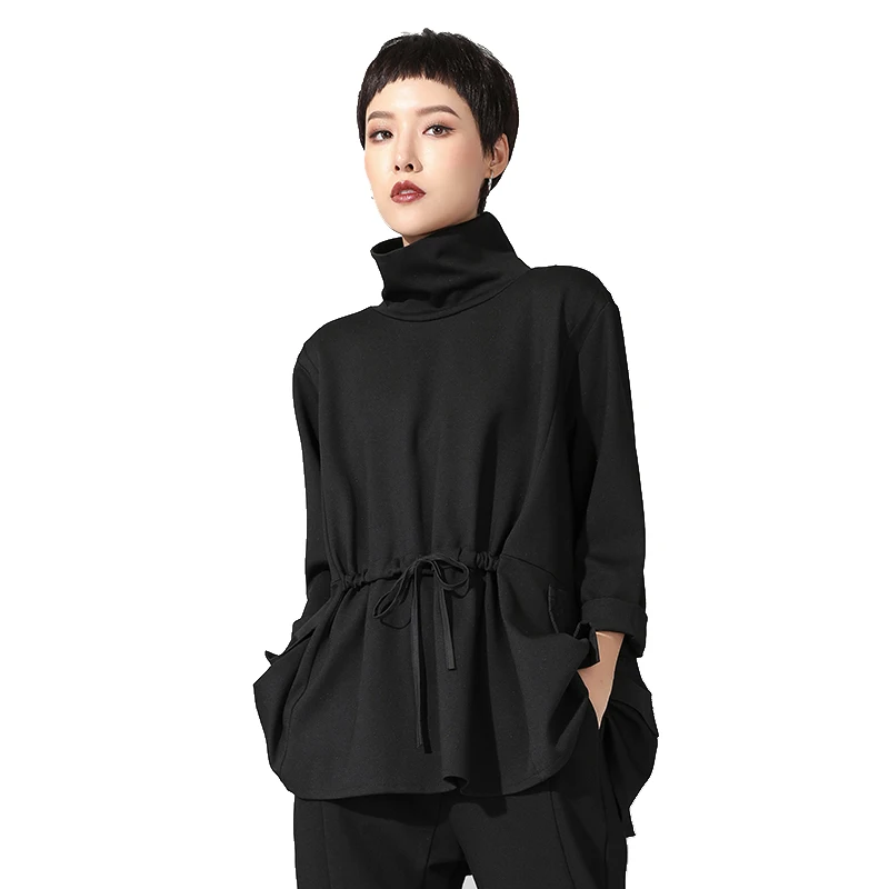 Женская водолазка с длинным рукавом черная свободная футболка большого размера