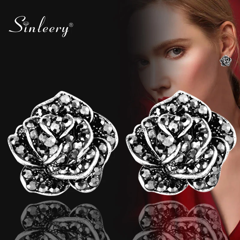 

SINLEERY Cubic Zirconia Rose Flower Earrings For Women Antique Silver Color Blue Zircon Earrings Vintage Jewelry ES545 SSO