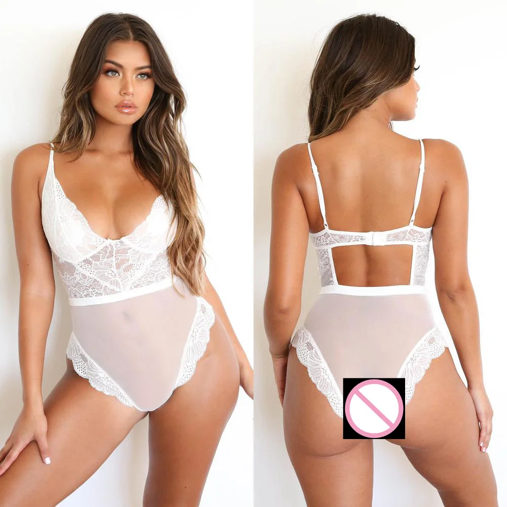 Женское Сексуальное Черное Кружевное боди в горошек с V-образным вырезом нижнее