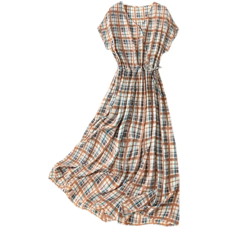 

SHUCHAN Vintage Dress Silk England Style Mid-Calf V-Neck Summer Natural Fiber A-LINE Raglan Sleeve Plaid Empire Pullover WOMEN