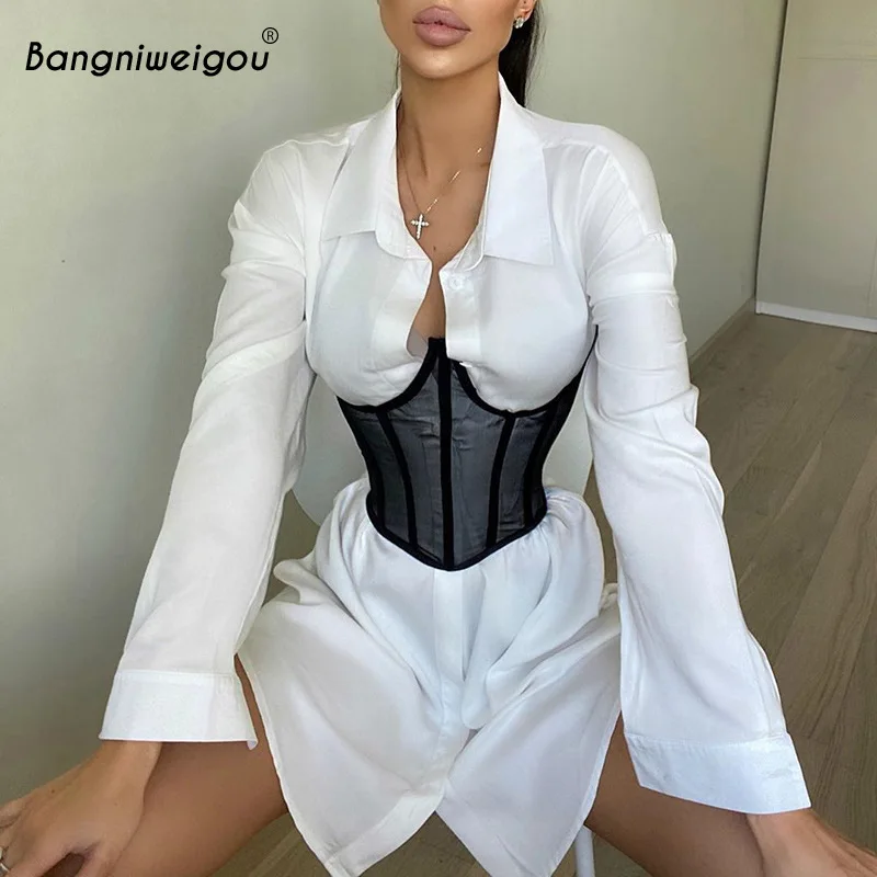 

bangniweigou high waist turn down collar shirt dress white streetwear women button up long sleeve mini dresses
