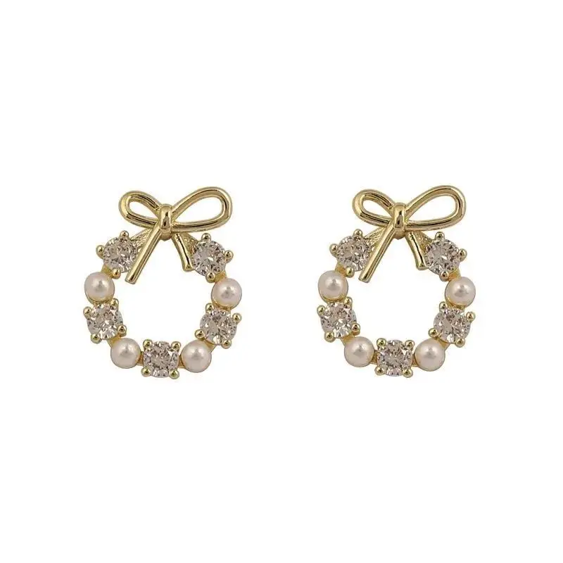

Korean Fashion Crystal Bow Earrings Hollow Round Pearl Earrings for Women Wedding Gift Jewelry