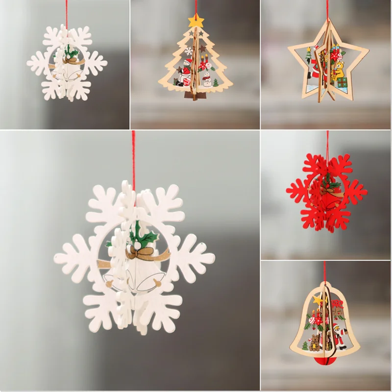 

Three-dimensional Christmas Tree Bell Pendant Decorations Wooden Ornaments Star Snowflake Love Craft Gift Navidad Home