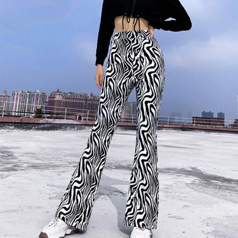 

Women Fashion High Waist Flare Pants Vintage Zebra Striped Animal Pattern Wide Bell Bottom Trousers Harajuku Slim Fitting