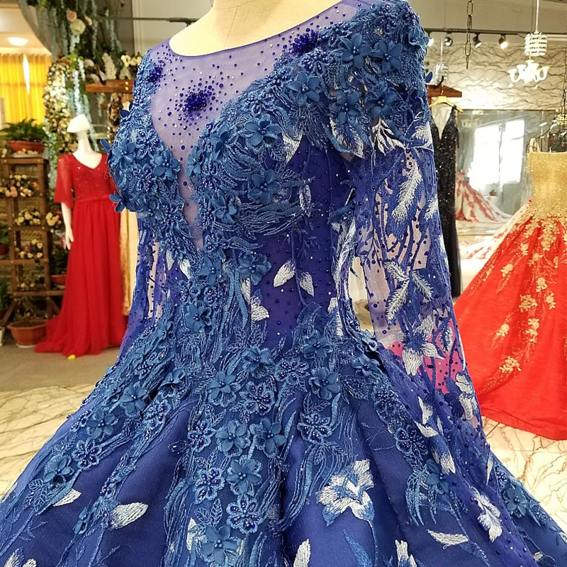 LS24788 Royal Blue Floor Length Puffy Evening Dress 2021 O-Neck Long Tulle Sleeves Women Occasion Gowns