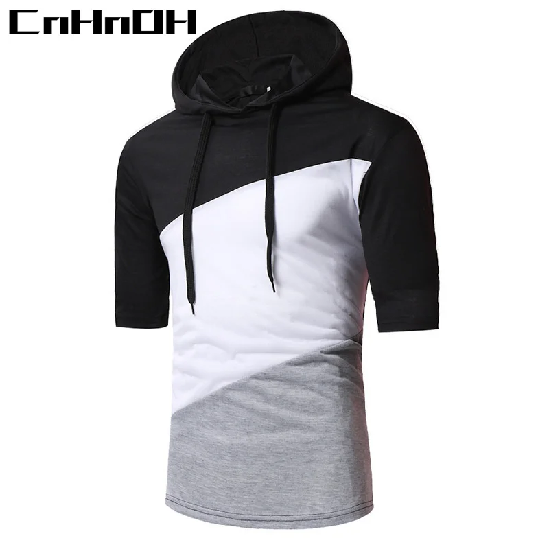 

CnHnOH New Arrival Early Autumn Short Sleeve Hoodies Three Color Stitching Chich Fashion Top For Young Men HIPHOP 1311A