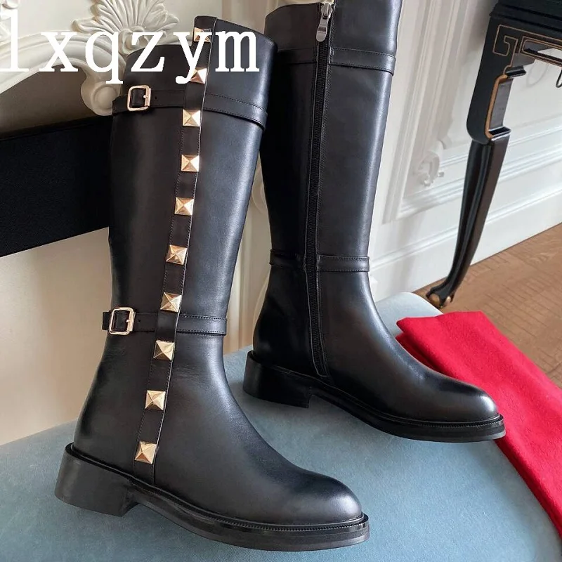 

Luxury Brand Designer Women Long Boots Genuine Leather Rivets Elastic Ladies Short Boots Zipper Square Heel Shoes Botas Mujer