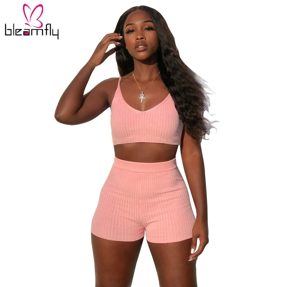 Новинка лето осень Женский трикотажный топ на бретелях шорты костюм комплект из