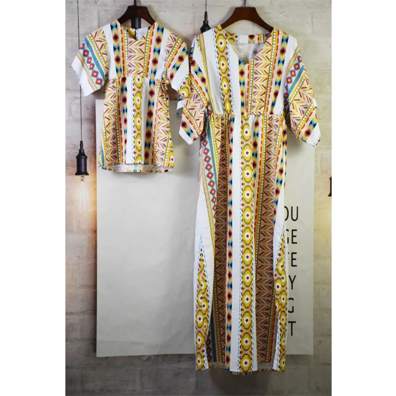 Autumn Mom and Daughter Dress Half Sleeve V-neck Vintage Print Long Dress Mommy and me clothes Matching Outfits E0264