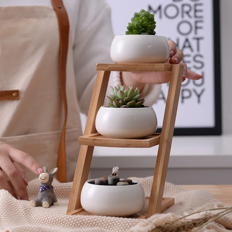 1 Set Modern Minimalist White Ceramic Flowerpot Succulent Plant Pot 3 Bonsai Planters with 3-Tier Bamboo Shelf Home Garden Decor | Дом и сад