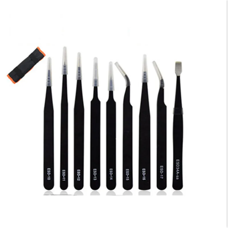 

1/9Pcs/Set ESD Stainless Steel Tweezers Kit Precision Anti-static Maintenance Tools for Electronics Repairing with Storage Bag