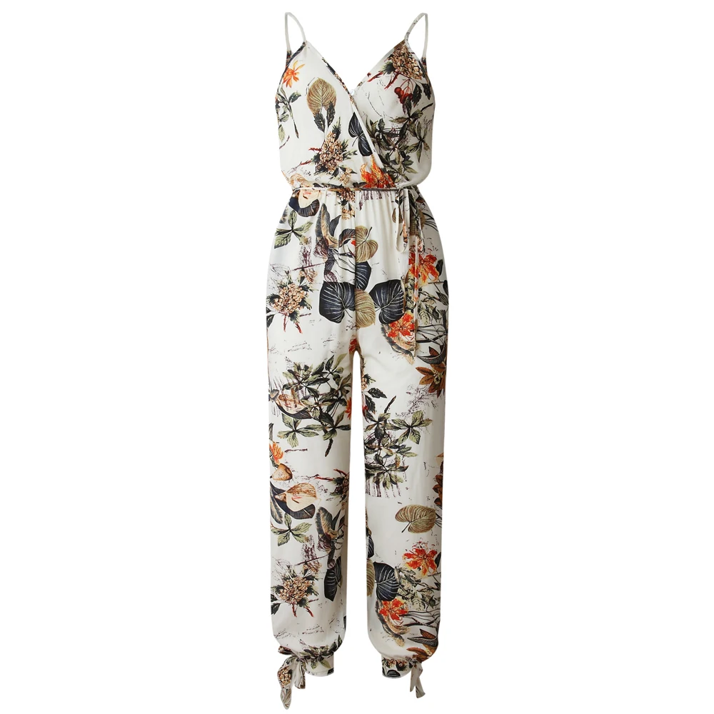 

Bohemian Women Sleeveless Loose Baggy Trousers Overalls Pants Solid Romper Sleeveless Flower Print Jumpsuit