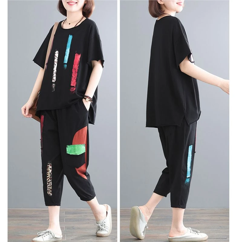 

Women O Neck T Shirt+harem Pants Loose Large Size Casual Style Color Printing Casual Two-piece Suit Female 2 Piece Outfits Set