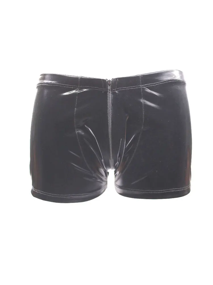 

Men Plus Size U Convex Pouch Boxer PVC Shiny Open Crotch Short Wet Look Latex Faux Leather Sexy Short Shark PU Hip Low-Rise
