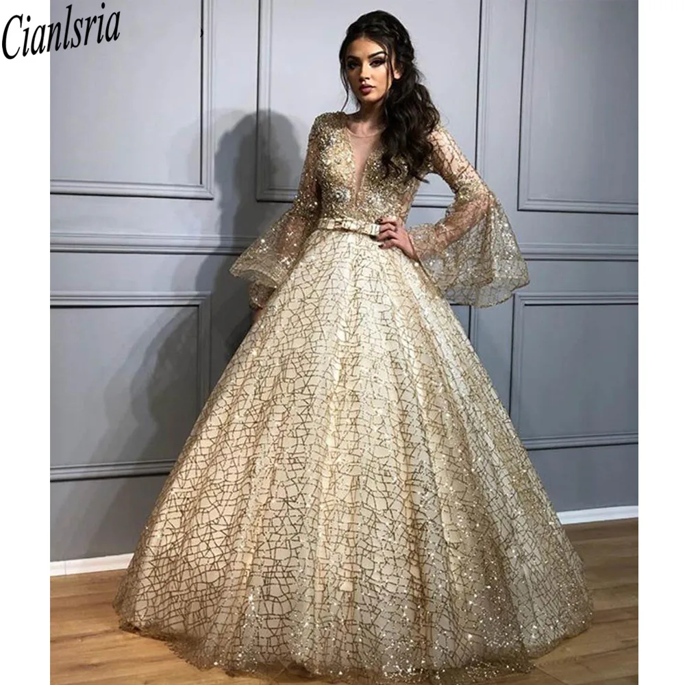 

Gorgeous Lace Sequins Evening Dress with Beads Unique Design Arabic Dubai Style Long Sleeve Prom Gown for Formal Occasions Custo