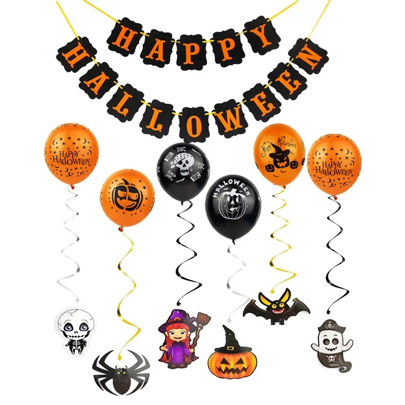 

Happy Halloween Banner Bunting with spiral Pumpkin Sign for Halloween Wall Decorations Party Supplies Home Hanging Photo Props
